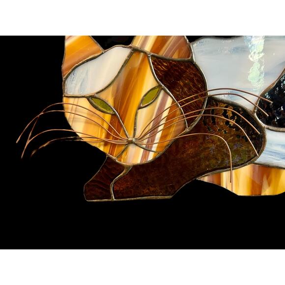 Vintage Stained Glass Cat Suncatcher-Mid Century Modern-Copper Whiskers-16''-MCM - Picture 2 of 5